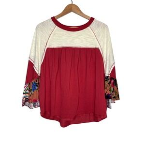 Oddi Boho Mixed Media Bell‎ Sleeve Top Floral Patchwork Red Women Size Med/Large